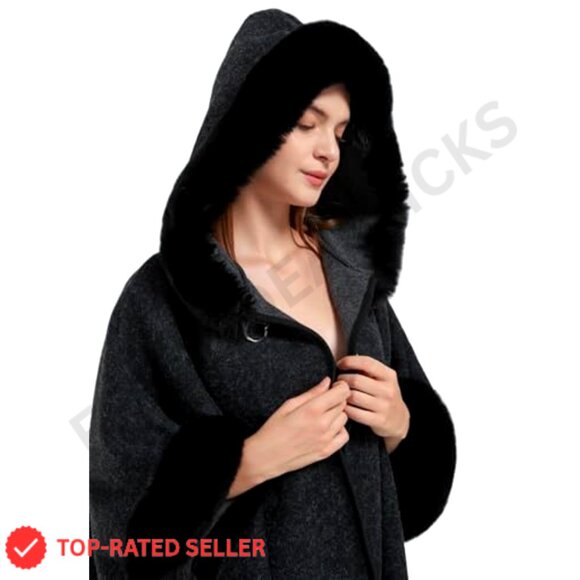 Wool Blend Cardigan Shawl Cape Cloak Hoodie Coat Elegant Winter Warm Oversized - Picture 6 of 7